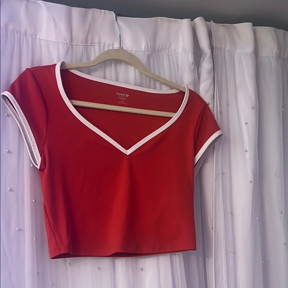 Old Navy Red V-Neck Crop Top with White Trim - Picture 1 of 4